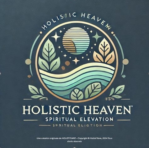 Logo de Holistic Heaven, représentant un cercle lumineux avec des motifs de feuilles, évoquant la paix et l'équilibre, accompagné du texte 'Holistic Heaven' dans une police élégante, avec des couleurs apaisantes vertes et dorées.